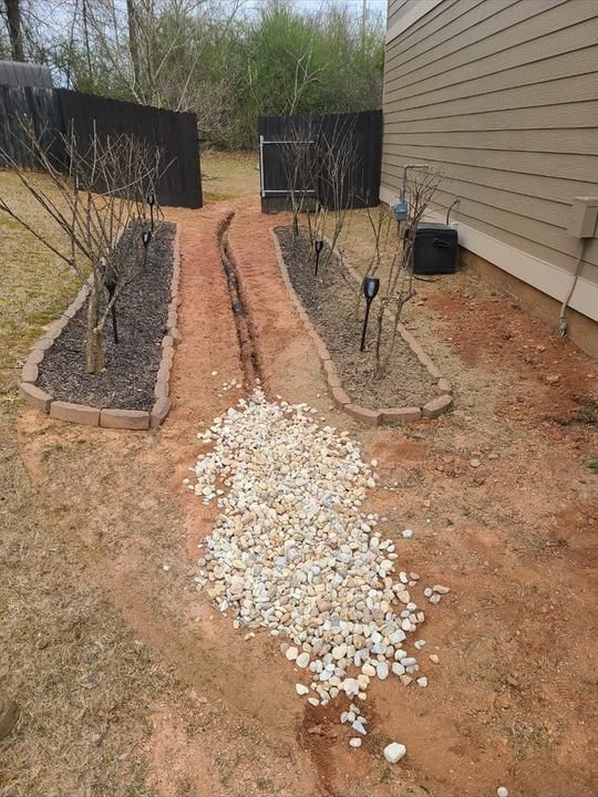 Finished landscape design with fresh plantings and lawn